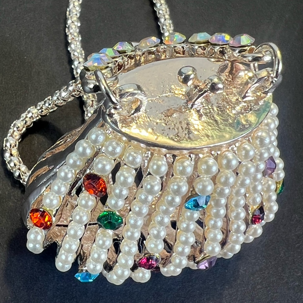 New Faux Pearl & Multicolor Rhinestone Evening Bag Necklace in Rose Gold - Picture 5 of 11